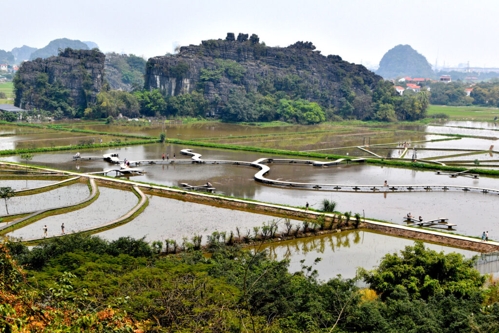 Vista de los arrozales inundados serpenteando entre las montañas en la Ruta en Ninh Binh Vietnam.
