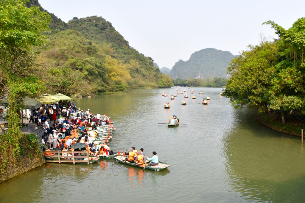 Decenas de botes de remos con turistas navegando por un río rodeado de vegetación en Ninh Binh.
